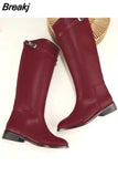 Sexy Women Motorcycle Booties Belt Strap Metal Shark Lock Flat Heel Knee High Boots Woman Genuine Leather Botas