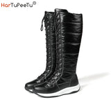 Winter Snow Boots Women Mid-Calf Genuine Leather Wedges Patchwork Waterproof Down Warm Plush Cotton Padded Platform