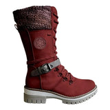 Medium-Sized Women's Boots 2024 Winter New Round Head Square Heel Leather Buckle Wool Spliced Martin
