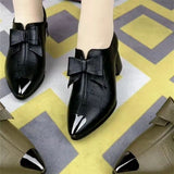 Classic Black Bow Tie Medium Heel Slip on Spring Shoes Lady Fashion Sweet Blue Party High Heel