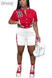 Camouflage Women Two Piece Sets Letter Print Short Sleeve Pockets Baseball Top Shorts Casual Summer Fashion