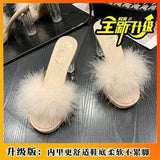 Breakj New Summer Sexy High-Heesed Slippers Women's Korean Version Of Rough And Feather Slippers Transparent Belt