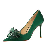 Breakj Banquet Light Luxury High-Heeled Shoes Women's Shoes With Shallow Pointed Mesh Lace Bow Single