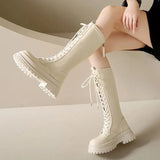 Chunky Platform Motorcycle Boots Women Thick Bottom PU Leather Knee High Boots Woman Autumn Winter Black Long Botas