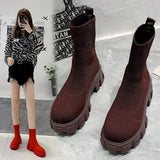 Women Thick Soles Casual Large Red Knitted Ankle Boots Spring New Women's Socks Boots Ladies Botas De Mujer Shoes