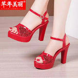 Breakj Fish Mouth Sandals Women's Summer New Leuky Waterproof Waterproof Thick-Soled Thick Heel Sandals Large-Size High-Heeled