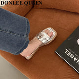 Fashion Weave Slippers Women Square Toe Flat Casual Shoes Brand Slide 2023 Summer Flip Flops Black Gold Sliver Beach