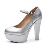 Breakj Head Buckle Waterproof Table 8CM High Heel Women's Shoes Thick-Soled Model Show Shoes Coarse Heel Work Shoes Silver Single