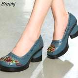 Spring Women Pumps Retro Embroider Lady 7.5CM High Heels Slip On Platform Pumps Handmade Women Genuine Leather