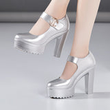 High Heel 12Cm Cheongsam Model Catwalk Shoes Women's Thick Soles Waterproof Platform Silver Round Head Stage Performance Shoes Women's Singles