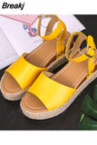 Wedges Shoes of Women Summer 2023 Ankle Strap Leopard Open Toe Flat Sandals Leopard Straw Platform Sandals Plus Size