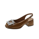 Women Sandals 2022 Square Toe Women Pumps Crystal Rhinestone Buckle Shallow Mules Pumps Slip on Heels Women Modern