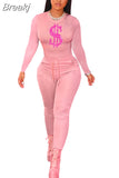 Solid Women Skinny Two Piece Sets Spring Bodycon Tracksuits Dollar Print Top And Leggings Pants 2pcs Outfits 2023