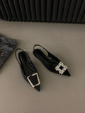 Flat Black Head Sandals Fairy Shoes 2023 New Spring And Summer Pointed Rhinestone Temperament Single
