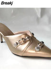 New Dropship 2023 Summer Sexy Women Mules Pump Sandals 7cm Thin High Heeled Big Size 43 Open Sole Moto Biker Rivets