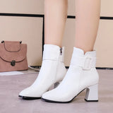 Ankle Buckle Decoration White Black Thick High Heel Ankle Boots Women 2023 Pointed Toe Keep Warm Elegant Short