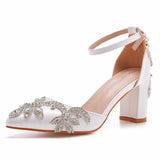 Breakj Cm Coarse Heel Pointed Shoes Hollow Shoes Square Sandals Water Drill Wedding Shoes Female White Wedding Shoes