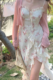 Summer Floral Sleeveless Midi Dress Elegant Sexy French Vintage Strap Dress Woman Party One Piece Dress Korean