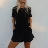 Cotton Sets Women Casual Short Sleeve T Shirts And High Waist Short Pants Two Pieces Set 2021 New Solid Outfits