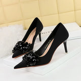 Breakj 27 Banquet High Heels Light Luxury Women's Shoes Satin Shallow Pointed Bow High Heel Single