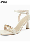 Size 34-40 Women Sandals Real Leather Fashion Chain High Heels Summer Shoes For Women 2023 Elegant Chunky