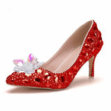 Quee Cinderella Glass Slipper Sexy 7cm Pointed High-Heels Rhinestone Sequins Bridesmaid Wedding