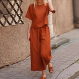 Women Linen 2 Piece Set Solid Color Loose Comfortable Drawstring Long Sleeve Home Suits 2021 Lounge Wear