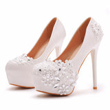 Breakj Cm White Lace High Heels Wedding Shoes Water Drill Pearl Banquet Shoes Large Size Thin Heel Waterproof Table Single