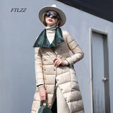 Women Double Sided Down Long Jacket Double Breasted Snow Outwear Warm Parka Stand Collar Lapel 90% White Duck Down