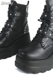 Women's Punk Gothic Platform Wedge Ankle Boots 2023 Hot Sale Round Toe Lace Up Buckle Strap Short Boots Side Zipper Female
