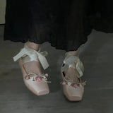 Classic Silk Ballet Shoes Lace up Ballet Shoes Women Round Toe Bowtie Women Flats Elegant Valentine Shoes