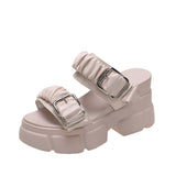 Breakj Pleated Cool Slippers Female 2023 Summer New Korean Fashion Belt Buckle Platform One Word High Heel