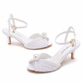 Breakj Cm Fish Mouth High-Heeled Sandals Shallow Mouth Buckle With Large-Size Round-Head High-Heeled Shoes Hollow Fish Mouthed Ribbon Pearl