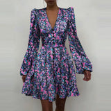 New Women Sexy V Neck Letters Print Fashion Short Dresses Casual Satin Slim Lantern Sleeves Zipper Elegant Party