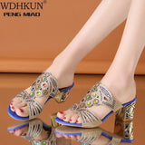 Glitter Mesh Women Sandals Summer Fashion Peep Toe Casual Slippers Thick Heel Women Shoes Slip On Big Size