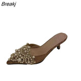 Fashion Sexy Women Shoes Elegant String Bead Crystal Patchwork Slip-On Thin Heels Slipper NEW