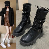 Breakj Autumn And Winter New Punk Tie Thick Bottom Mid-Sleest Boots Women Large Size Knight Boots