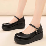 Breakj Skin Round Head Heel Slope And Shallow Mouth Single Shoes Waterproof Table Casual Leather Shoes Buckle With Loose Cake Thick-Soled Shoes Women