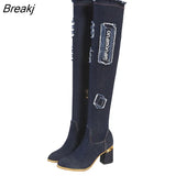 Womens Denim Boots Over The Knee Pointed Toe Thick High Heels Shoes Woman Casual Tassel Cut Out Jeans Long Botas
