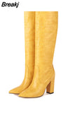 Women High Knee Boots Elegant Crocodile Print Microfiber Long Boots Women Pointed Toe Chunky Heel Party Shoes Thick Bottom