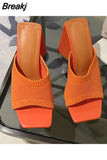 New Summer Triangle Thick Heel Slippers Women Sexy Square Toe Dress Party Shoes High Heels Knitting Pumps Size
