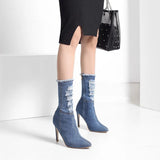 Spring Autumn Denim Jeans Women Boots Mid-calf Pointed Toe Fashion Thin High Heels Casual Boots Zapatos