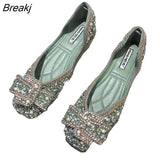 New Women Ballet Flats Comfortable Crystal Diamond Dress Bow Sequins Single Shoes Rhinestone Glitter Square Toe