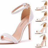 Breakj Heel Sandals White Buckle Shoes Fine Heel Fish Mouth Roman Sandals White Pearl