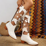 Transparent Knee High Boots Women Pointed Toe Chunky Heels Cowbot Boots Woman Patent Leather Patchwork Long Botas