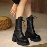 2021 New Genuine Boots Lace Up Platform Square High Heels Thick Sole Office Dress Shoes Woman Mid Calf Botas De