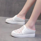 New Baotou Rear Empty Slippers Mesh Breathable Embroidered Sandals Heightened Spot Slippers With Thick