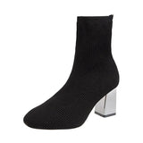 Color 7cm Square Heels Socks Boots Women Big Size 43 Stretch Fabric Elastic Pointed Toe Shoes Ankle Boot Woman