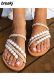 Summer Women Sandals Sweet Boho Pearl Decoration Sandals Leather Flats Plus Size Women Beach Sand Holiday Shoes