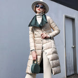 Women Double Sided Down Long Jacket Double Breasted Snow Outwear Warm Parka Stand Collar Lapel 90% White Duck Down